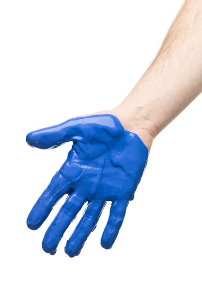 Рука с синей краской — стоковое фото