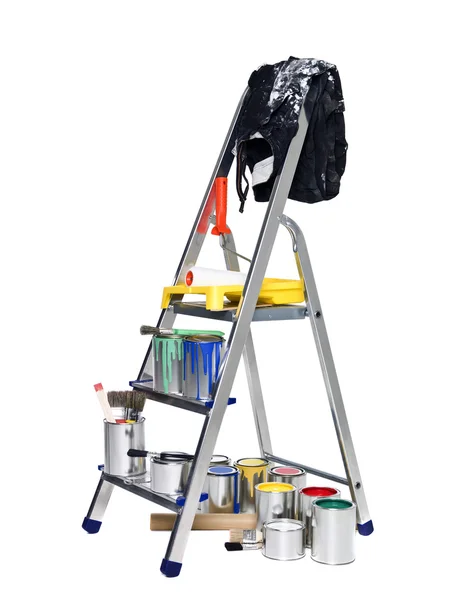 Stepladder Paint Cans Brushes Isolated White Background — Stock Photo, Image