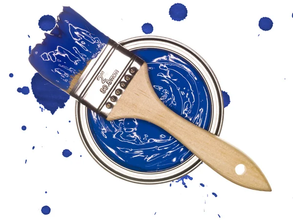 Lata de tinta azul com escova — Fotografia de Stock