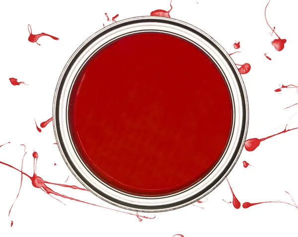 Roter Farbkanister Von Oben Isoliert Auf Geflecktem Hintergrund — Stockfoto