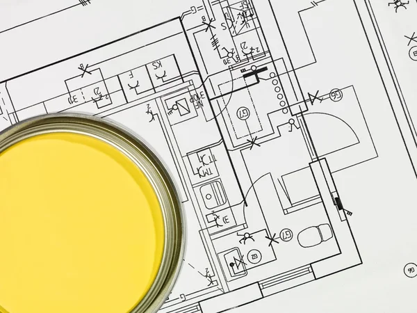Yellow Paintcan Blueprint High Angle View — Stock Photo, Image