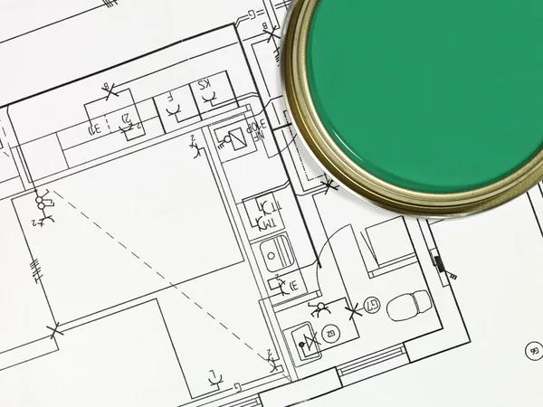 Green Paintcan Blueprint High Angle View — Stock Photo, Image