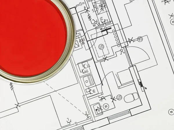 Röda Paintcan Och Plan Från Hög Vinkel — Stockfoto