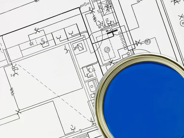 Kék paintcan és blueprint — Stock Fotó