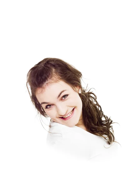 Joven Mujer Feliz Sobre Fondo Blanco — Foto de Stock