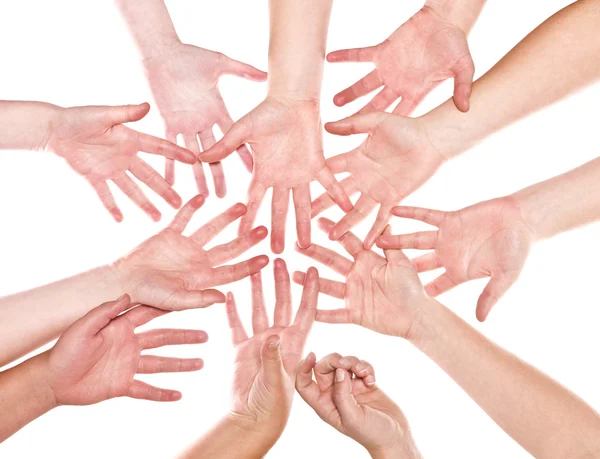 Grande Grupo Mãos Humanas Isoladas Fundo Branco — Fotografia de Stock