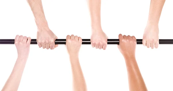 Zes Menselijke Handen Met Dezelfde Stick — Stockfoto