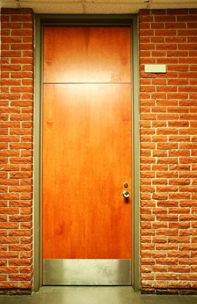 stock image Vertical of wood door with plate