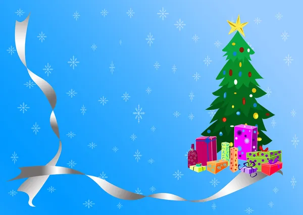 Різдвяна ялинка і срібна рамка на синьому — стокове фото