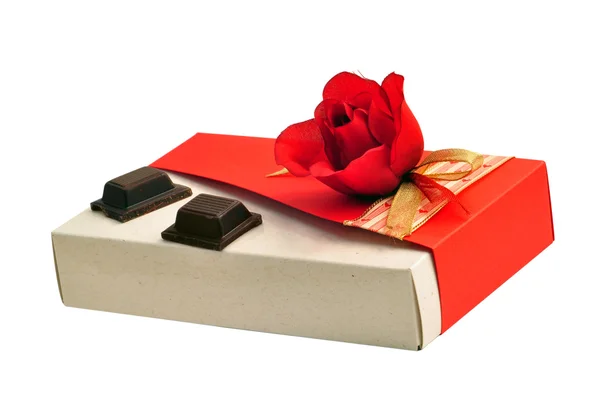 Rose gift box and chocolate — Stock Photo, Image