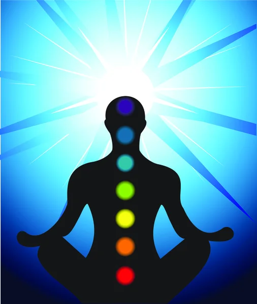 Male silhouette meditating with chakra — Stock Vector