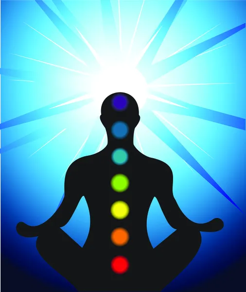 Manliga silhuett mediterar med chakra — Stock vektor