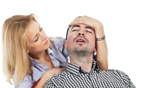 Anxious Pretty Young Blond Woman Holding Her Hand Forehead His — Stock Photo, Image