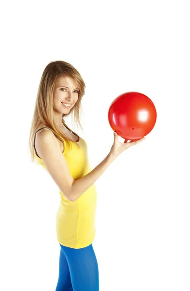 Bland girl with red ball — Stock Photo, Image