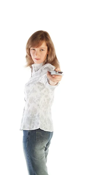 Mujer Rubia Bastante Joven Apuntando Control Remoto Como Fuera Arma —  Fotos de Stock