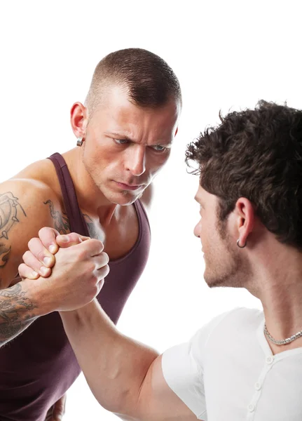 Dos Hombres Fuertes Luchando Aislados Sobre Fondo Blanco — Foto de Stock