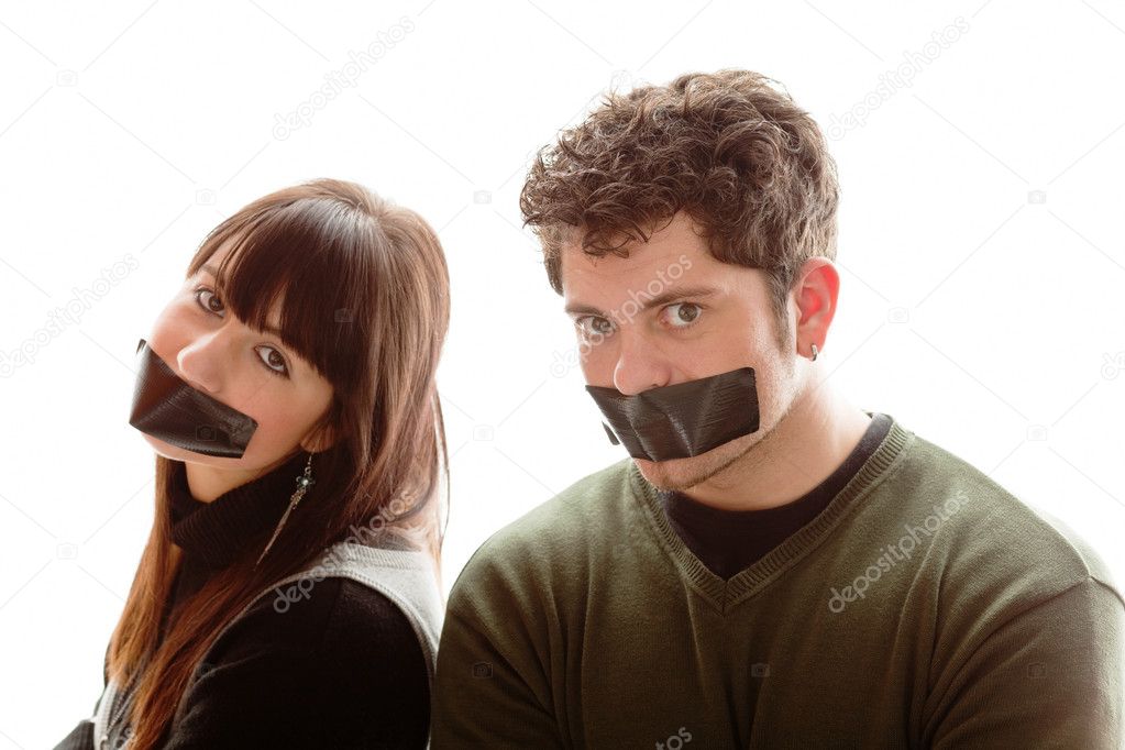 Girl and guy having a piece of gaffer tape on their mouthes