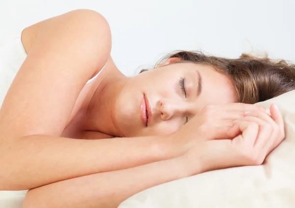 Pretty Young Woman Sleeps Her Bed — Stock Photo, Image