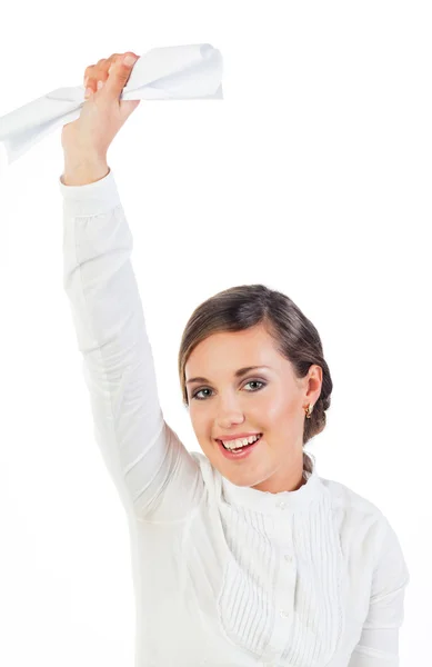 Szczęśliwa Młoda Kobieta Podnosi Rękę Dokumentu — Zdjęcie stockowe