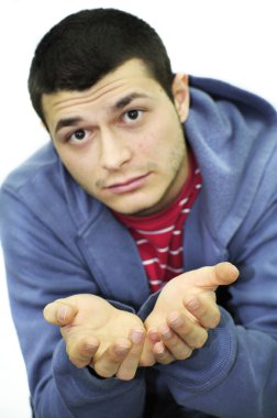 Man begging, hand gesture in front clipart