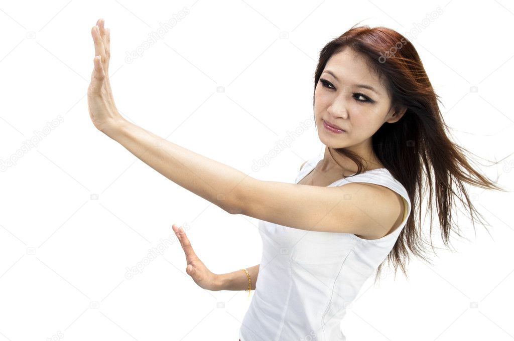 Woman pushing against something (whatever you want to add).