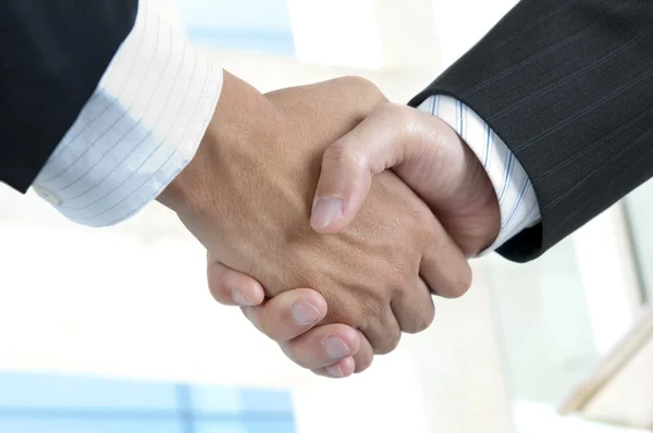 Asian Businessman Handshake Modern Skyscrapers Background — Stock Photo, Image