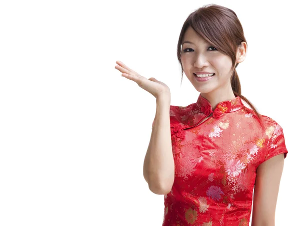 Azjatycki Chiński Kobieta Tradycyjny Chiński Cheongsam Gestykulacji — Zdjęcie stockowe