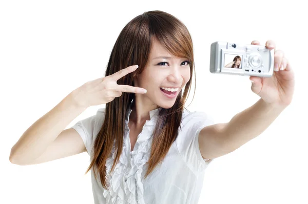 Azjatyckie Dziewczyny Siebie Fotografowania Białym Tle — Zdjęcie stockowe