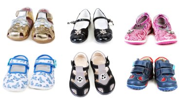 Collage from six pairs baby footwear clipart