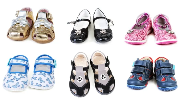 stock image Collage from six pairs baby footwear