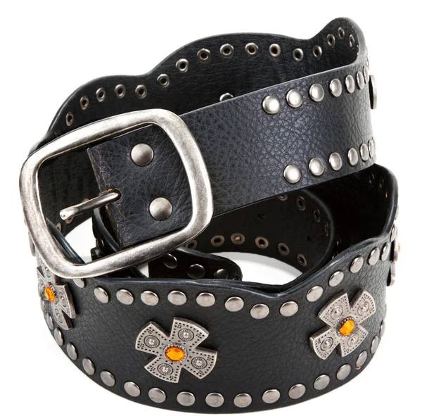 Cinturón de cuero negro con piedra amarilla y hebilla de acero —  Fotos de Stock