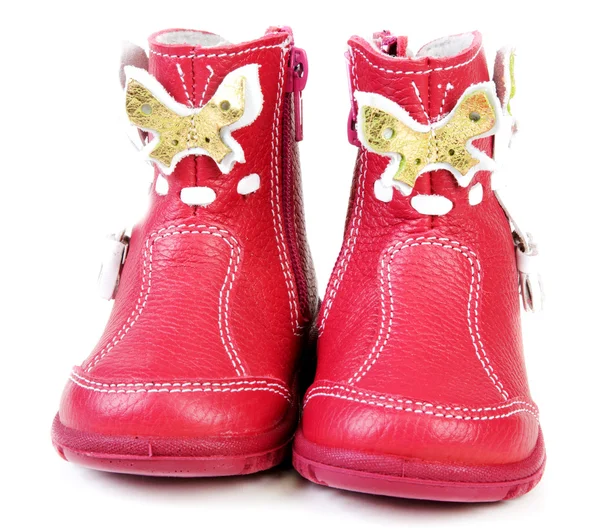 Paar rode leren baby laarzen — Stockfoto