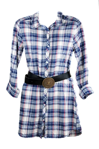Feminine plaid shirt and leather belt — Stock Photo, Image