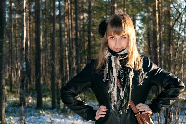 Young beautiful girl in black jacket — Stock Photo, Image