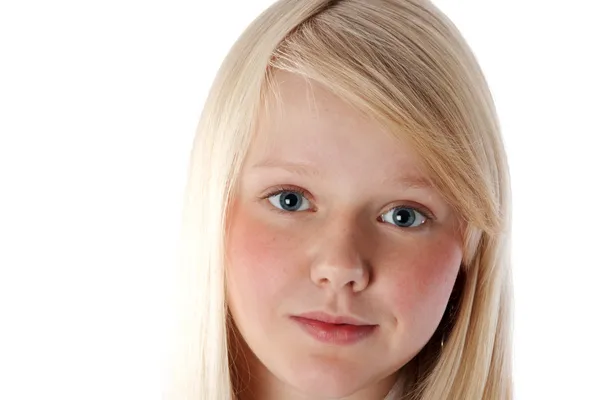 Portrait of the young beautiful blonde insulated on white backgr — Stock Photo, Image