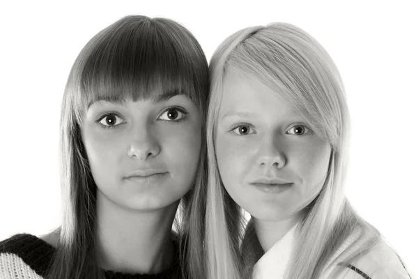 Retrato duas meninas da loira e morenas monocromático — Fotografia de Stock