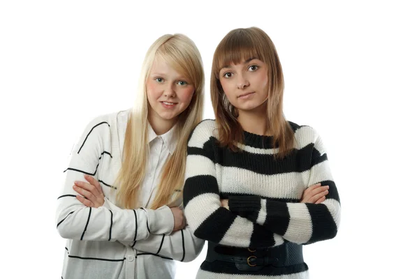 Portrait two beautiful girls in striped cloth — Stock Photo, Image