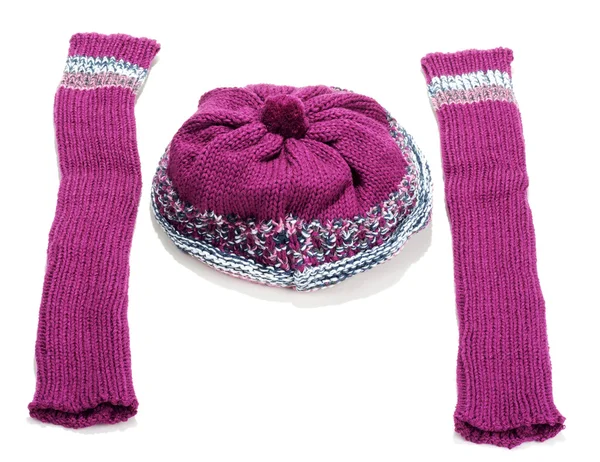 Violet knitted winter hat and sleeve covers — Stock Photo, Image