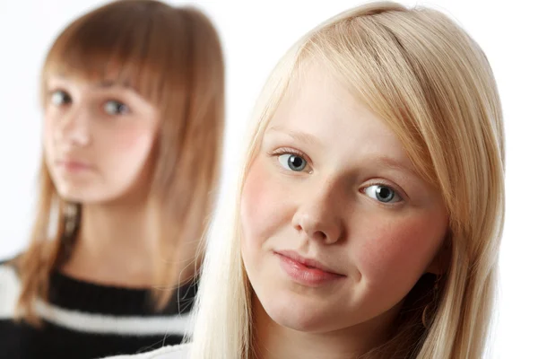 Portrait two girls of the blonde and brunettes — Stock Photo, Image