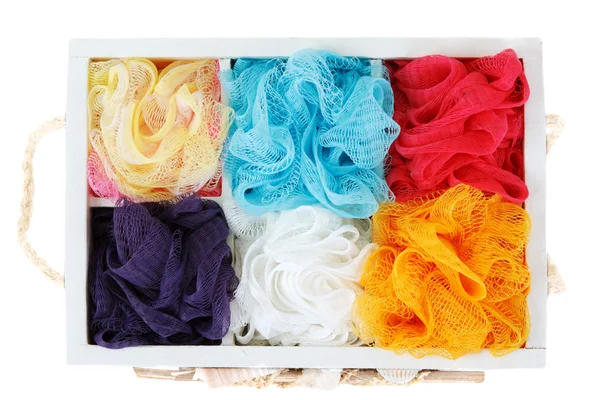 Houten doos en kleur sponzen — Stockfoto