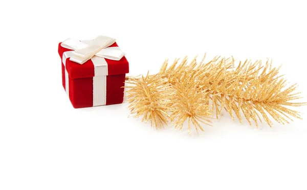 Red Gold Gift Box Fir Branches White Background — Stock Photo, Image