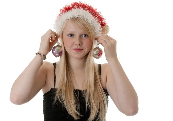 Prachtige Blond Meisje Een Kerstmuts Een Witte Achtergrond — Stockfoto