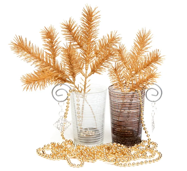 Weihnachtsstillleben Zwei Tassen Und Goldene Zweige — Stockfoto