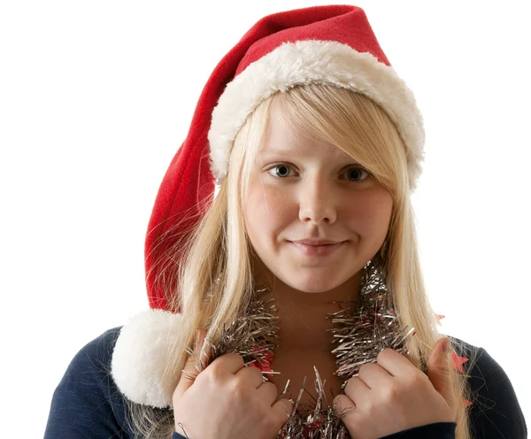 Krásná Mladá Blondýnka Santa Hat Bílém Pozadí — Stock fotografie