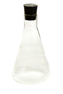 Transparent chemical flask with stopper on white background clipart