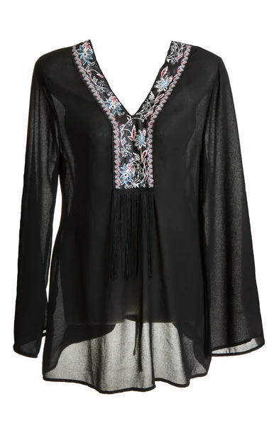 Blusa preta feminina com decoração por colarinho — Fotografia de Stock