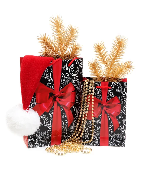 Zwei Cristmases Geschenkpaket Dekoration Hut Weihnachtsmann — Stockfoto