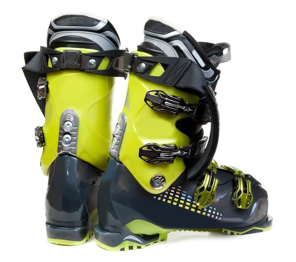 Beyaz Arka Plan Üzerinde Yalıtımlı Çift Yeşil Karanlık Kayak Ayakkabı — Stok fotoğraf