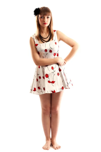 Vacker tjej i klänning med röd färg — Stockfoto