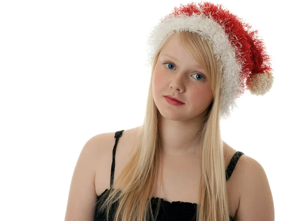 Όμορφη Ξανθιά Κοπέλα Ένα Καπέλο Santa Λευκό Φόντο — Φωτογραφία Αρχείου